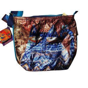 NWT Laurel Burch Foil Blue Cat Purse Bag, Shiny Adjustable Strap w/Tags, Zip